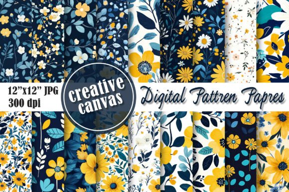 Download Yellow Blue Floral Digital Paper Bundle - Blue floral Collection