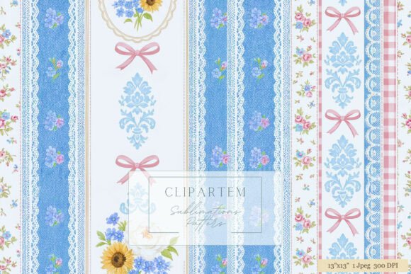Download Denim Lace Blue Floral Bow Digital Paper - Blue floral Collection