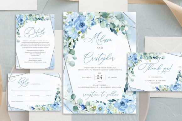 Download Dusty Blue Floral Wedding Invitation Set - Blue floral Collection