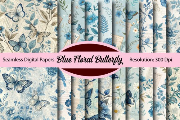 Download Blue Floral Butterfly Digital Paper - Blue floral Collection