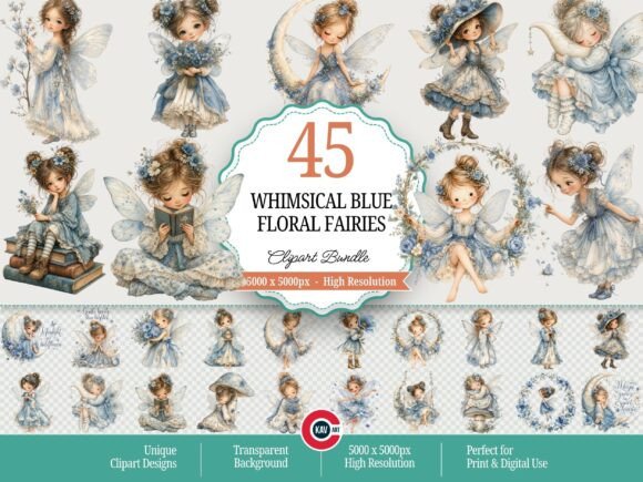 Download Whimsical Blue Floral Fairies Clipart - Blue floral Collection
