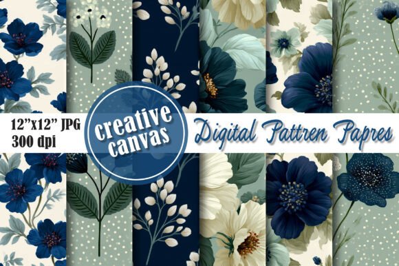 Download Navy Blue Floral Digital Paper Bundle - Blue floral Collection