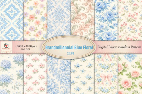 Download Grandmillennial Blue Floral Digital Pape - Blue floral Collection