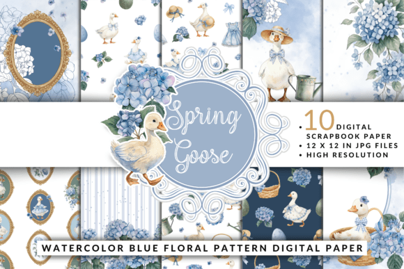 Download Spring Goose Blue Floral Digital Paper - Blue floral Collection